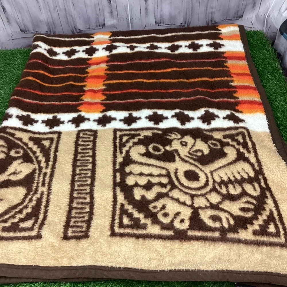 Vintage Biederlack Orange Brown Southwestern Blanket, Made In West Germany